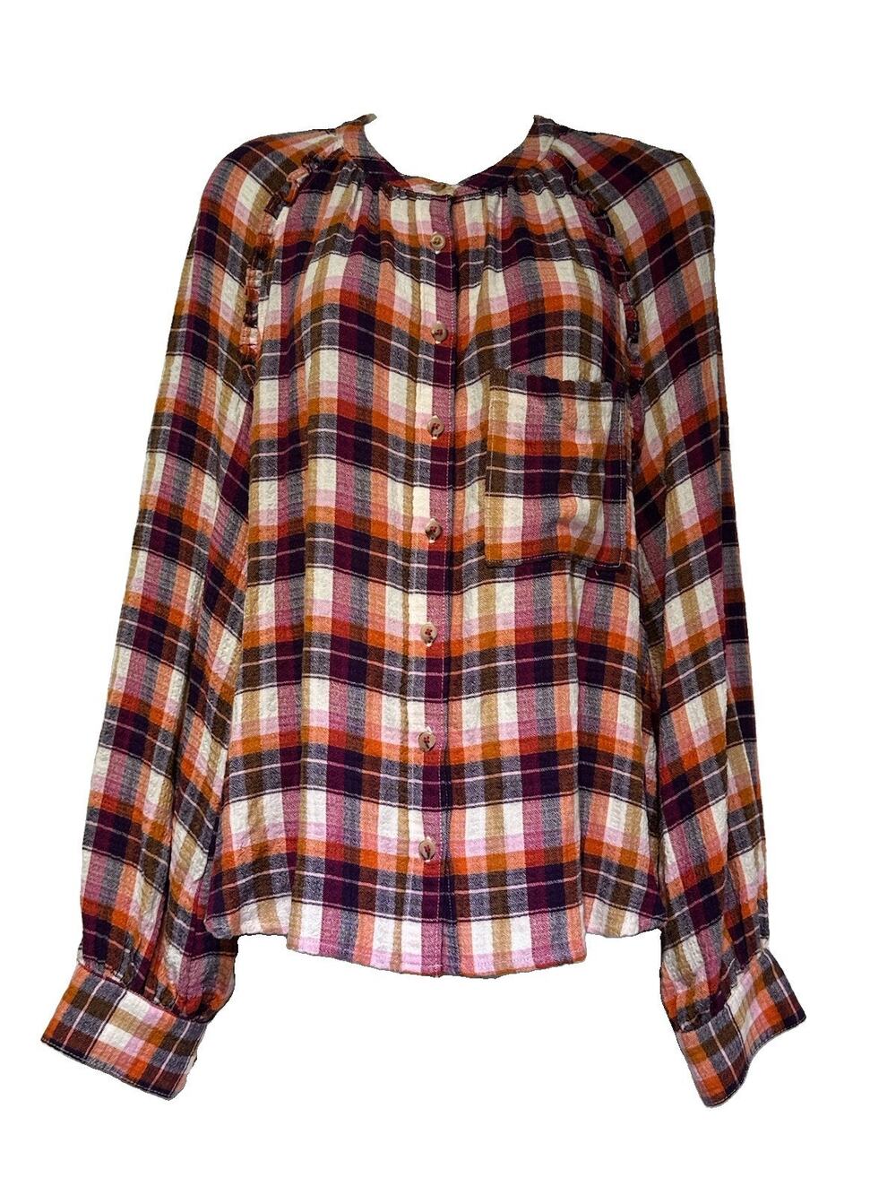 Anthropologie Pilcro Breezy Button Down Rasberry Plaid Shirt Top Size M